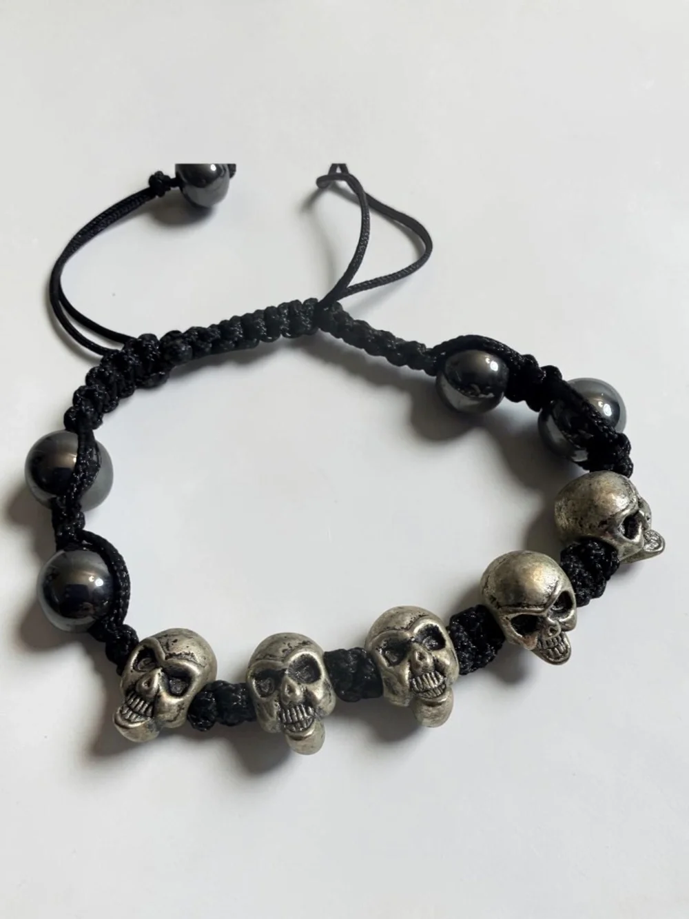 Silver Skull Adjustable Bracelet Black Hematite Beads Gothic Biker Unisex